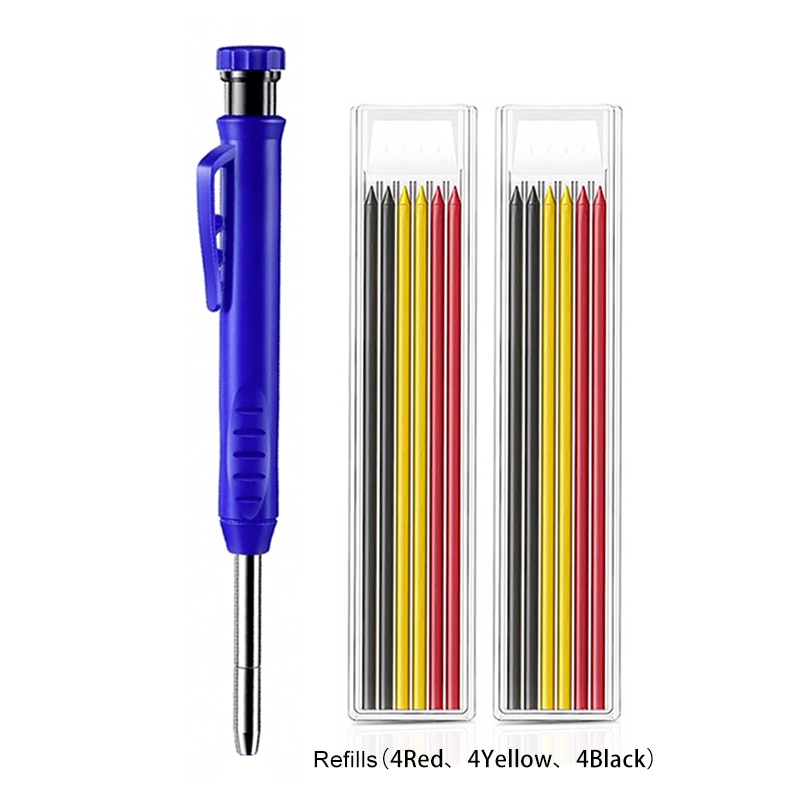 Solid Carpenter Pencil with Refill Leads and Built-in Sharpener for Deep Hole Mechanical Pencil Marker Marking Woodworking Tools