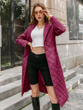 Simplee Long straight winter coat with rhombus pattern Casual sashes women parkas Deep pockets tailored collar stylish outerwear