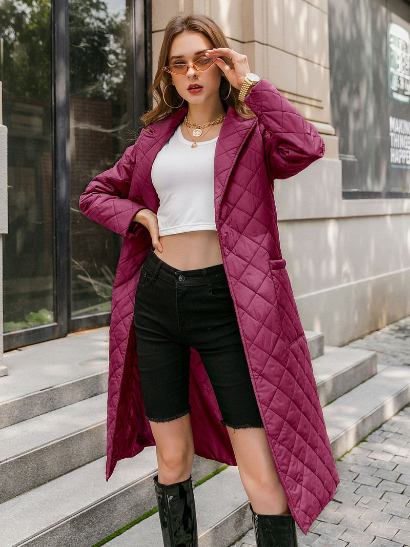 Simplee Long straight winter coat with rhombus pattern Casual sashes women parkas Deep pockets tailored collar stylish outerwear
