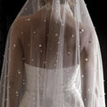 Pearls White Ivory Long Bridal Veil With Comb One Layer Cathedral Wedding Veil with Pearls Velos de Noiva Crystal Beads 75-300cm