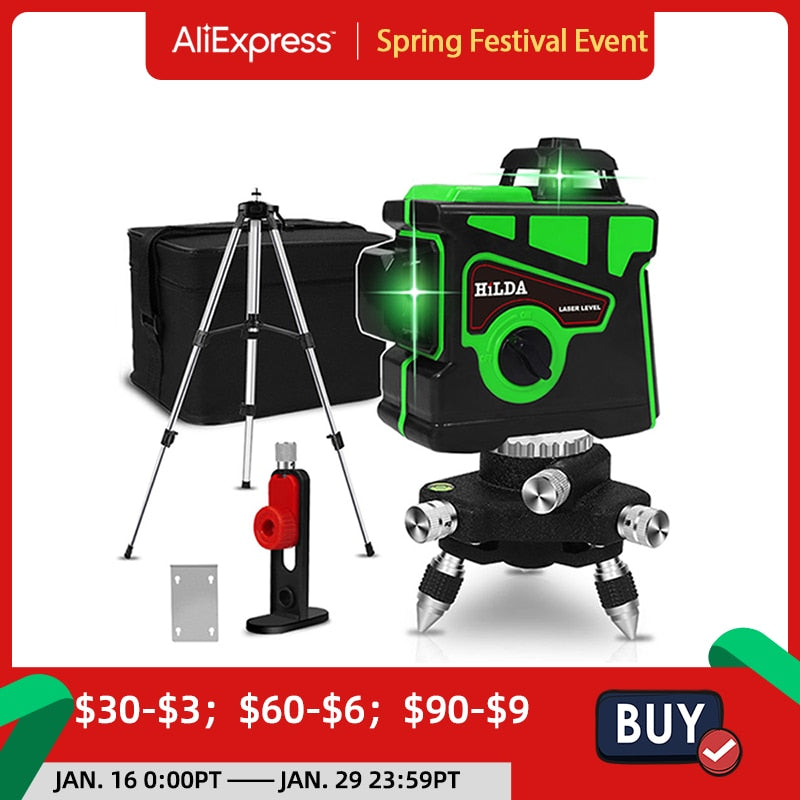 HILDA Laser Level 12 Lines 3D Level Self-Leveling 360 Horizontal And Vertical Cross Super Powerful Green Laser Level