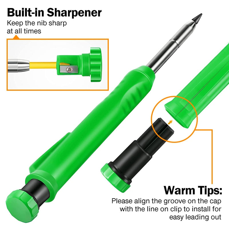 Solid Carpenter Pencil Set Built-in Sharpener Mechanical Pencil Marking Tool Kit with 6 Refill Leads for Woodworking Architect