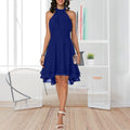 Women&#39;s Dress Elegant Halter Sleeveless Cropped Layered Midi Dress Summer Chiffon Solid Color High Waist Slim-Fit Party Dresses