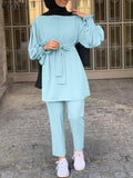 Women Autumn Blouses ZANZEA Fashion Muslim Sets Long Sleeve Turkish Blouses Pants Abaya Solid Islamic Clothing 2PCS Oversized