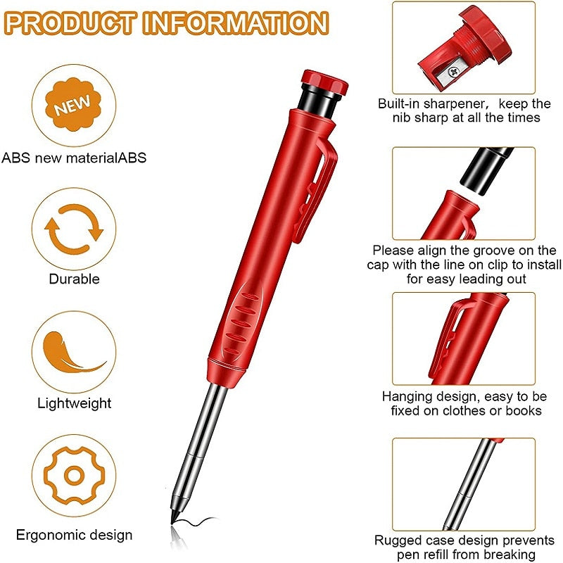 Solid Carpenter Pencil Set with 6 Refill Leads Built-in Sharpener Mechanical Pencil Marking Tool Kit for Woodworking Architect