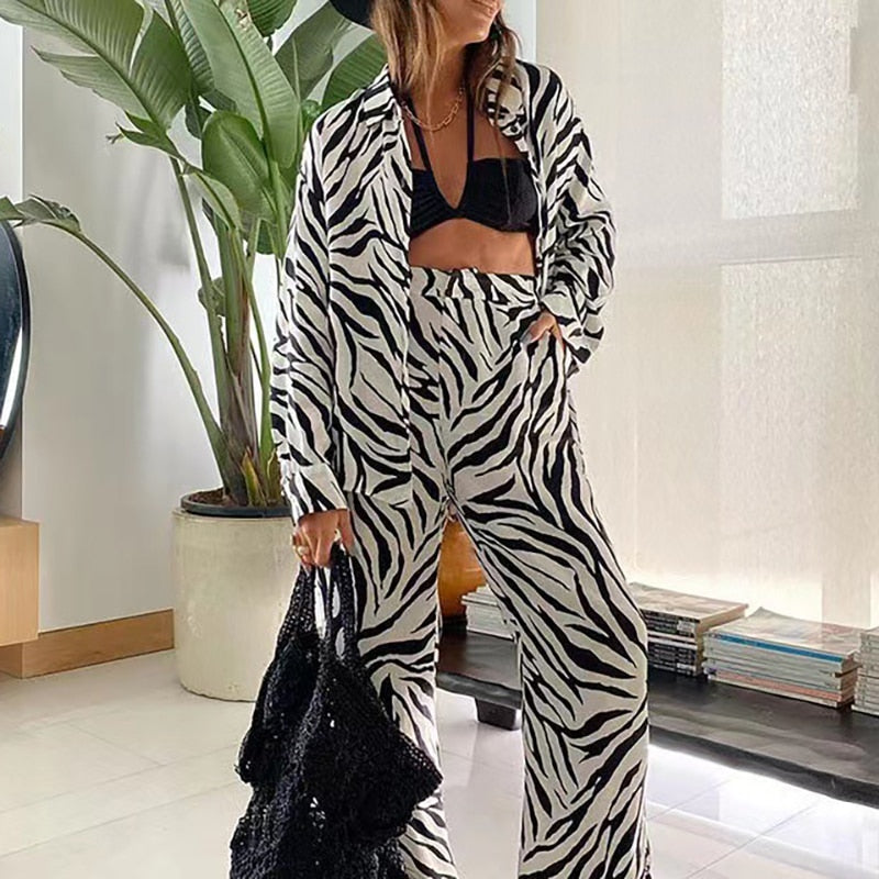 Summer Fashion Printed Loose Long Sleeves Shirts Straight Pants Two Piece Suits New Streetwear Women&