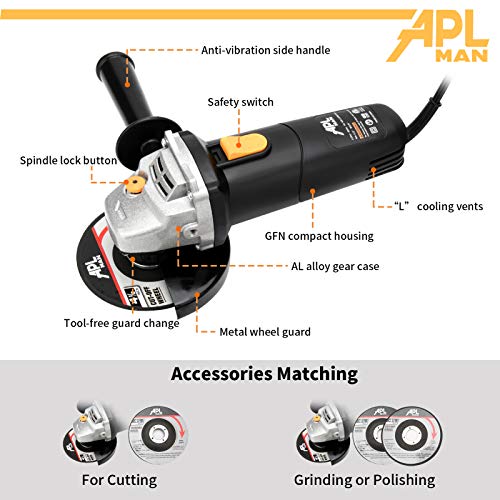 APLMAN Angle Grinder Tool ,6Amp Motor Driver, Metal Grinder 4-1/2 inch 10500RPM For Fast Stock Adjustable Side Handle