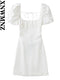XNWMNZ women white fashion linen blend dress female square neck short puff sleeves backless crossover straps dress for women's