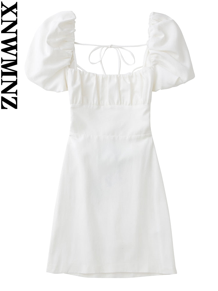 XNWMNZ women white fashion linen blend dress female square neck short puff sleeves backless crossover straps dress for women's