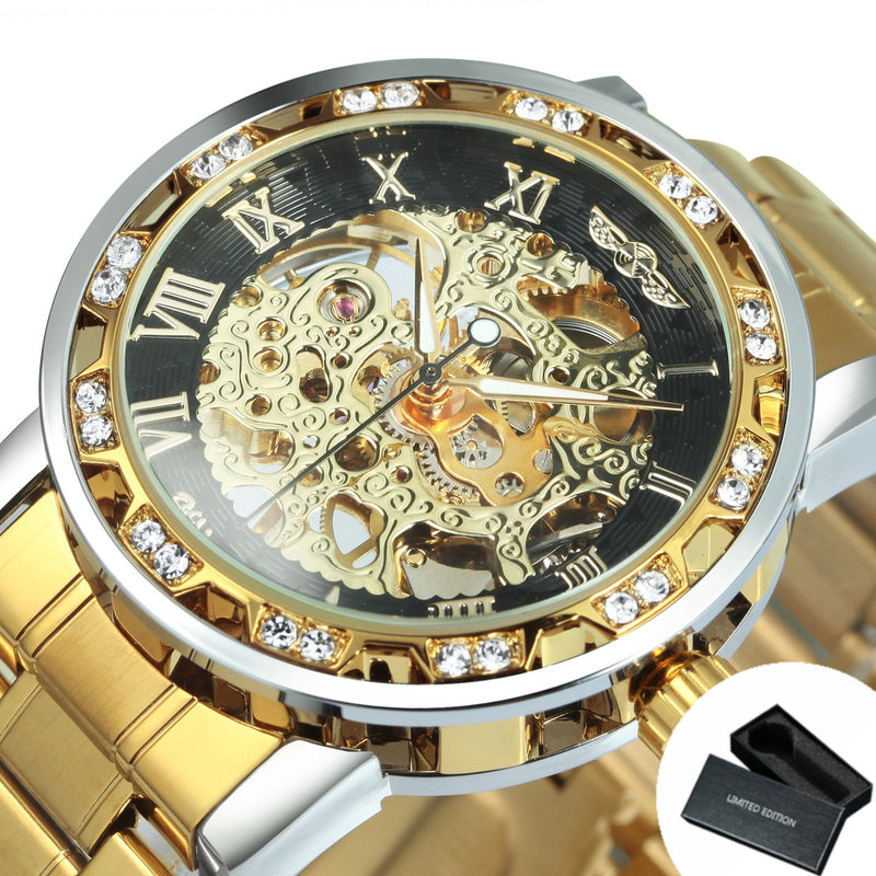WINNER Transparent Skeleton Watch for Men Mechanical Wristwatches Diamond Watches Mens Luxury Stainless Steel Strap Unisex Clock