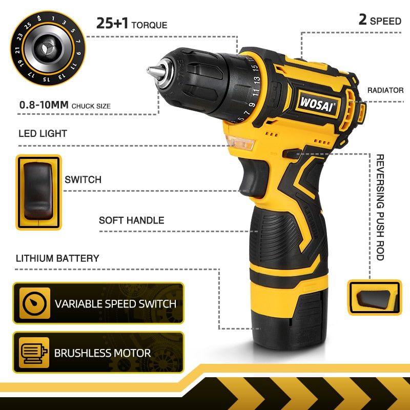 WOSAI 16V MAX Brushless Cordless Drill 32N.m Electric Screwdriver 25+1 Torque Settings 2-Speeds MT-Series Power Tools