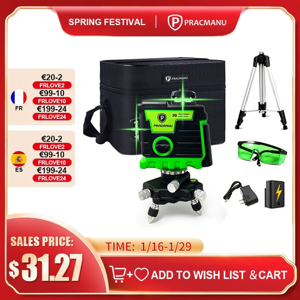 Pracmanu Laser Level 12 Lines 3D level Self-Leveling Horizontal and Vertical Cross Super Powerful Green Laser Beams