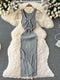 ALPHALMODA 2021 Summer Hollow Out Twisted Back Sleeveless High Slit Sexy Women Knitted Dress Solid Color Feminine Mid-calf Dress