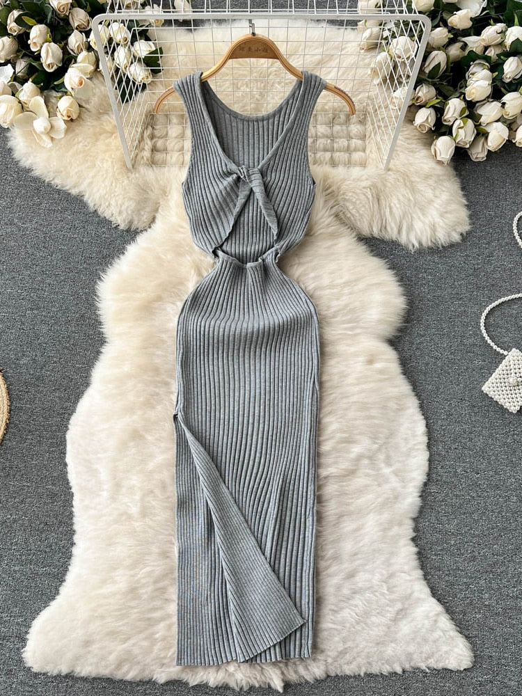 ALPHALMODA 2021 Summer Hollow Out Twisted Back Sleeveless High Slit Sexy Women Knitted Dress Solid Color Feminine Mid-calf Dress