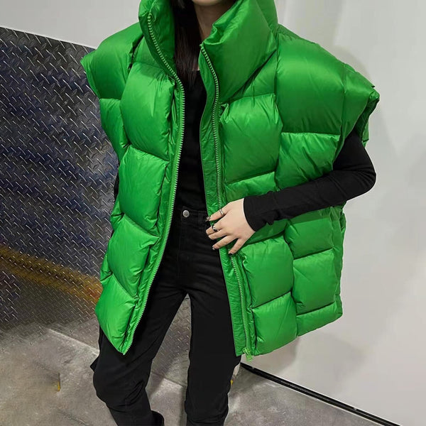 2022 Warm Waistcoat Sleeveless Women Green Loose White Duck Down Vest Fashion Stand Collar Sleeveless Jacket Woven Vest Female