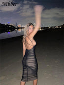 Nibber 2021 Sexy Mesh Pleated Long Prom Dresses For Women's Clothing Solid Color Beach Party Wear Midi Wrap Dress Street Outfit