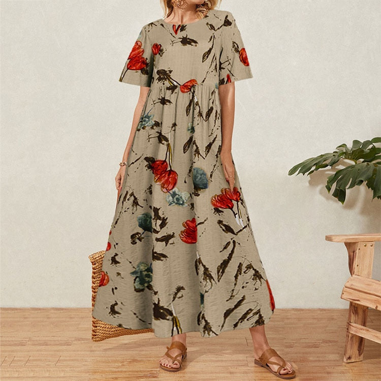 Vintage Floral Long Dress Women Summer Elegant Linen Short Sleeve Boho Maxi Dress Female Holiday Sundress Party Dresses Vestidos