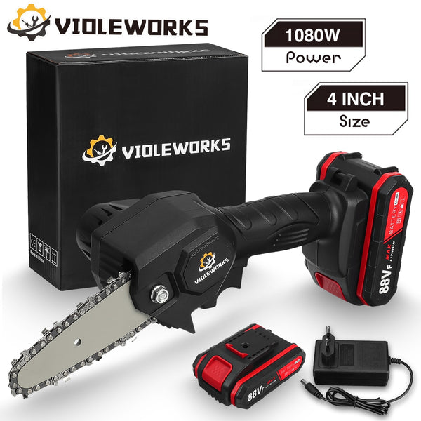 1080W 4 Inch 88VF Mini Electric Chain Saw with 1/2 Upgraded Battery Rechargeable Woodworking Pruning One-handed Saw Garden Tool