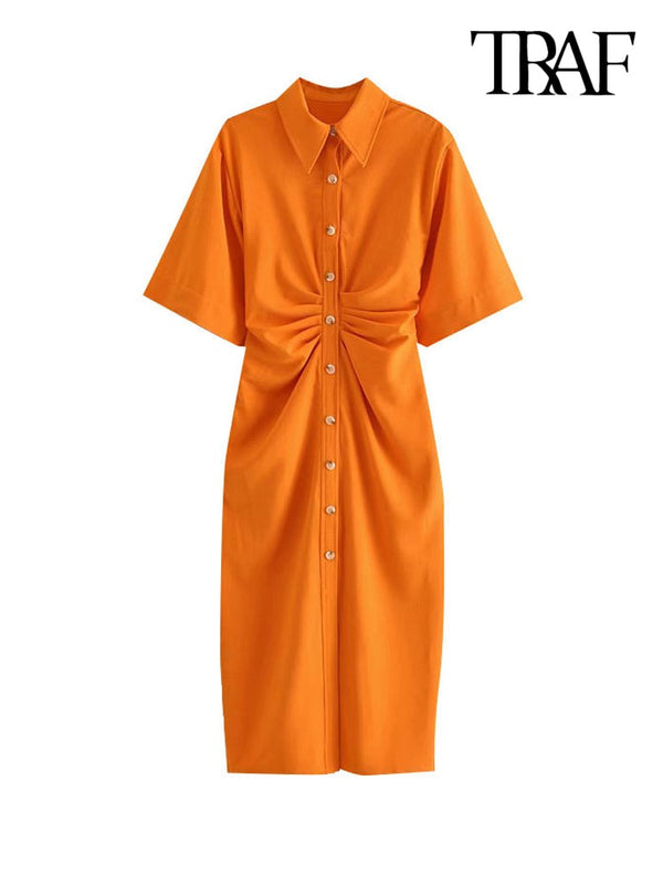 TRAF Women Chic Fashion Button-up Draped Midi Shirt Dress Vintage Short Sleeve Side Zipper Female Dresses Vestidos