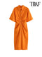 TRAF Women Chic Fashion Button-up Draped Midi Shirt Dress Vintage Short Sleeve Side Zipper Female Dresses Vestidos