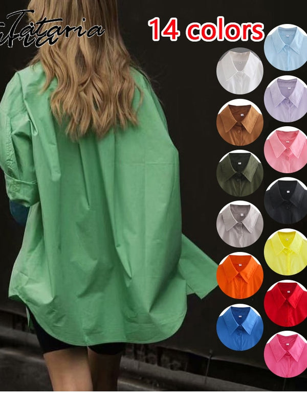 Basic Candy Colors Shirt Women&#39;s Beautiful Blouses with Collar 2022 Summer Green Button Up Shirts Oversized Long Sleeve Tops