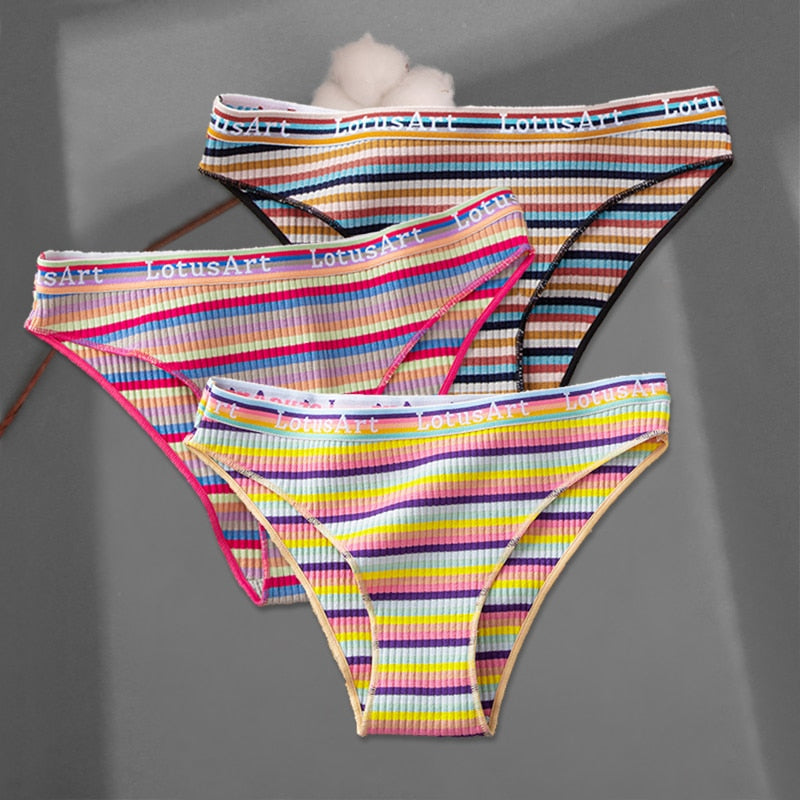 FINETOO 3Pcs/Set Colorful Stripes Panties Women&