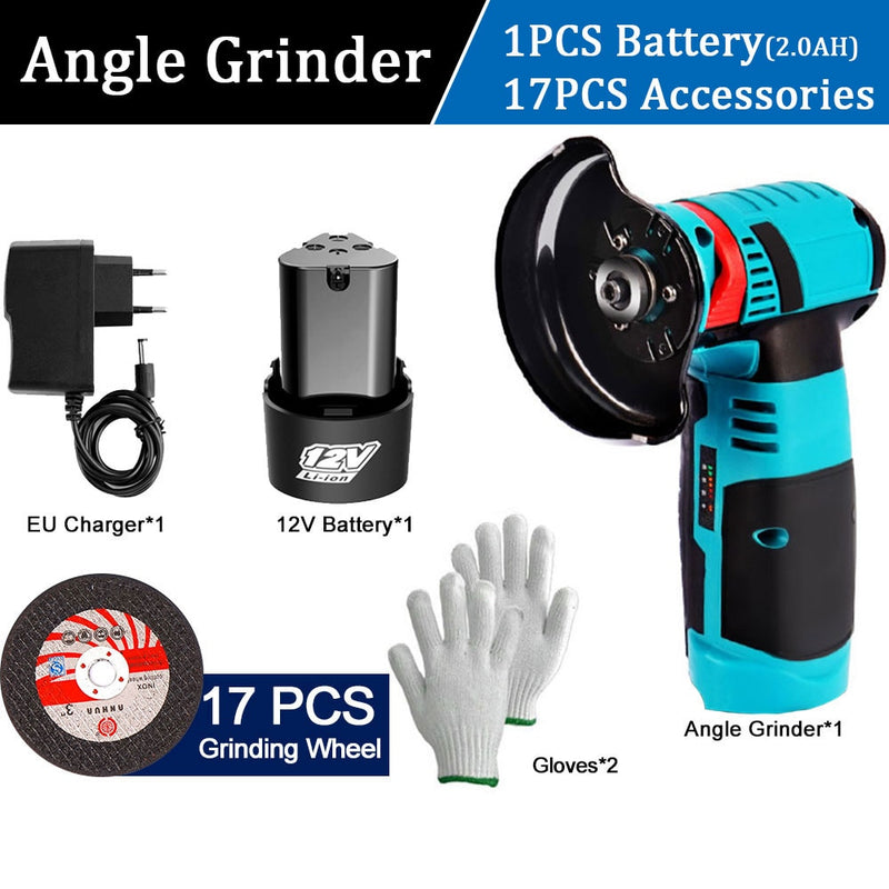 12V Brushless Angle Grinder 2PCS Lithium Battery 500W 19500Rpm Cordless Mini Polishing Machine Diamond Cutting Grinder