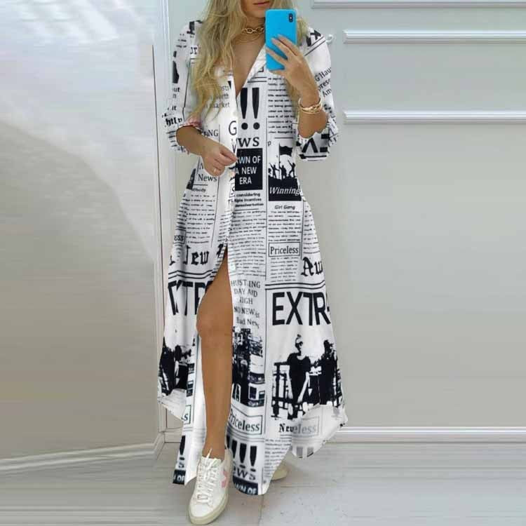 2022 New Long Shirt Dress Women Single Breasted Button Lapel Long Sleeve Dress Spring Summer Letter Print Oversized Robe Dresses