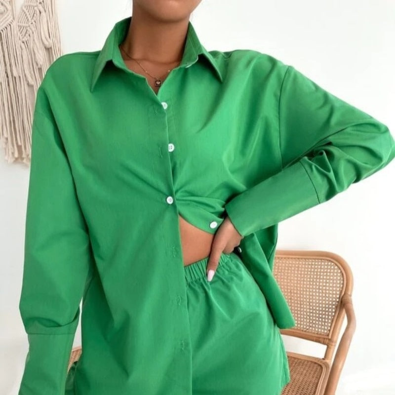 Print Shorts Suits Woman Vintage Long Sleeve Shirt And Short Pants Suit Two Piece Set Female Casual Outfit