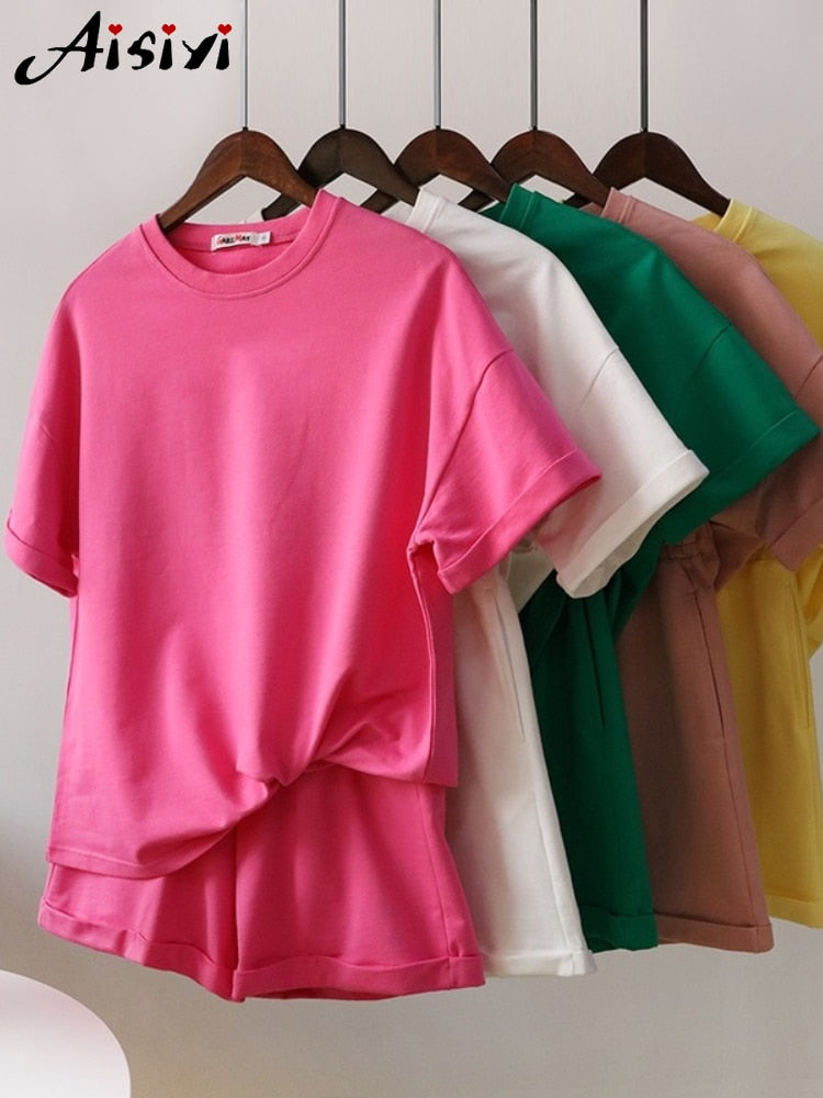 Summer Cotton Tracksuit Women Spring Loose Two Piece Sets Casual Long Sleeve  Sweatshirt &amp; Elastic Waist Shorts Female Outfits