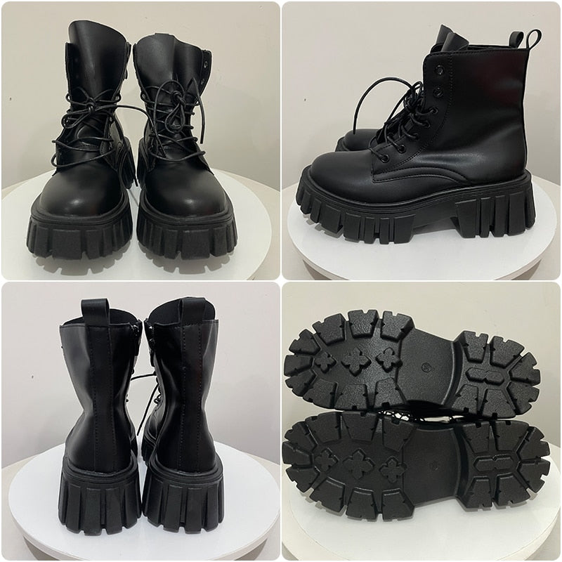 Rimocy 2022 New Women White Ankle Boots PU Leather Thick Sole Lace Up Combat Booties Female Autumn Winter Platform Shoes Woman