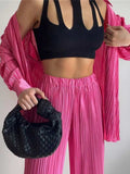 Casual Women&#39;s Shirt Pleated Two Piece Set Green Loose High Waist Wide Leg Pants Suit 2022 Elegant Office Ladies Female Outfits