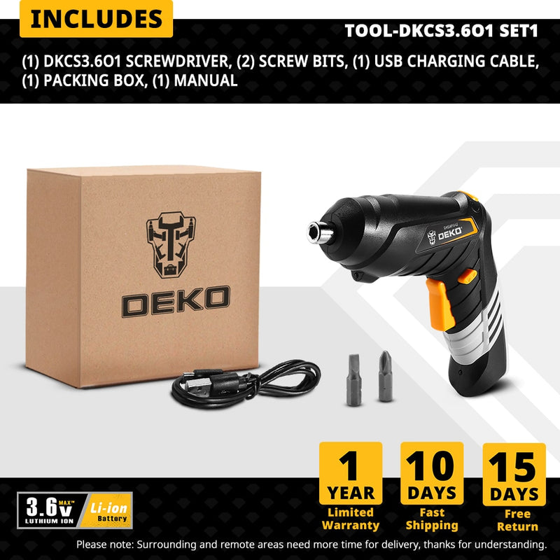 DEKO DKCS3.6O1/DCS3.6DU2 Electric Cordless Screwdriver  Keyless Chuck Charging Battery