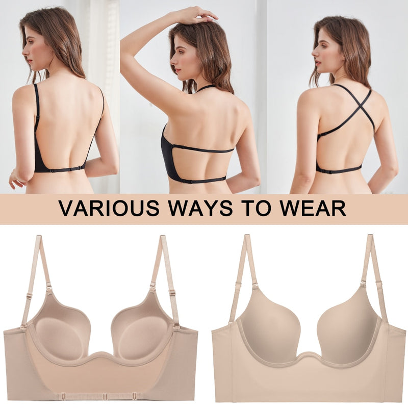 Push Up Bra Backless Women Bras Low Cut Sexy Plunge Brassiere Open Back Wedding Underwear Invisible Seamless Deep U Lingerie