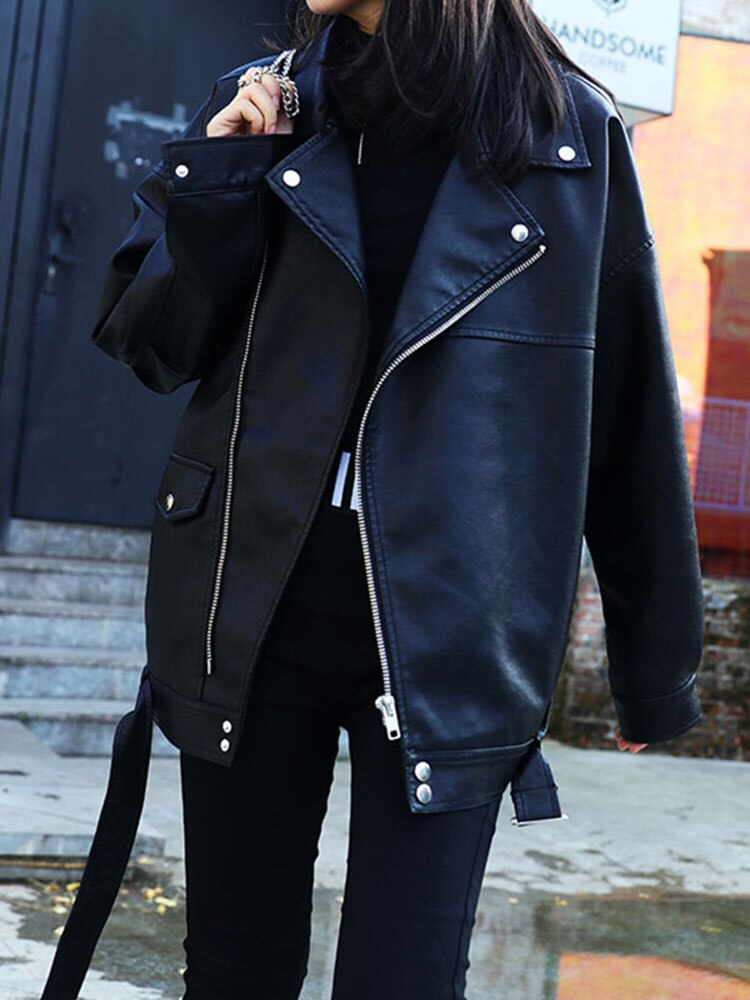 Sungtin Korean Faux Leather Jacket Women Belt Oversize BF Style Punk PU Women&