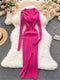 SINGREINY Women Korean Knitted Dress Long Sleeve V Neck Elastic Slim Pencil Dresses 2021 Autumn Sexy Bodycon Split Sweater Dress