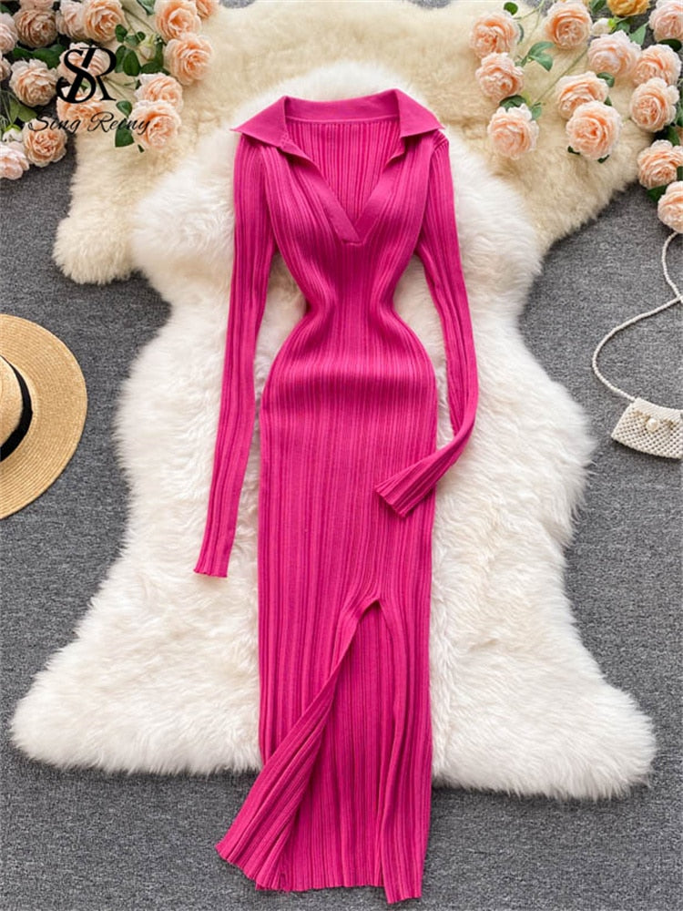 SINGREINY Women Korean Knitted Dress Long Sleeve V Neck Elastic Slim Pencil Dresses 2021 Autumn Sexy Bodycon Split Sweater Dress