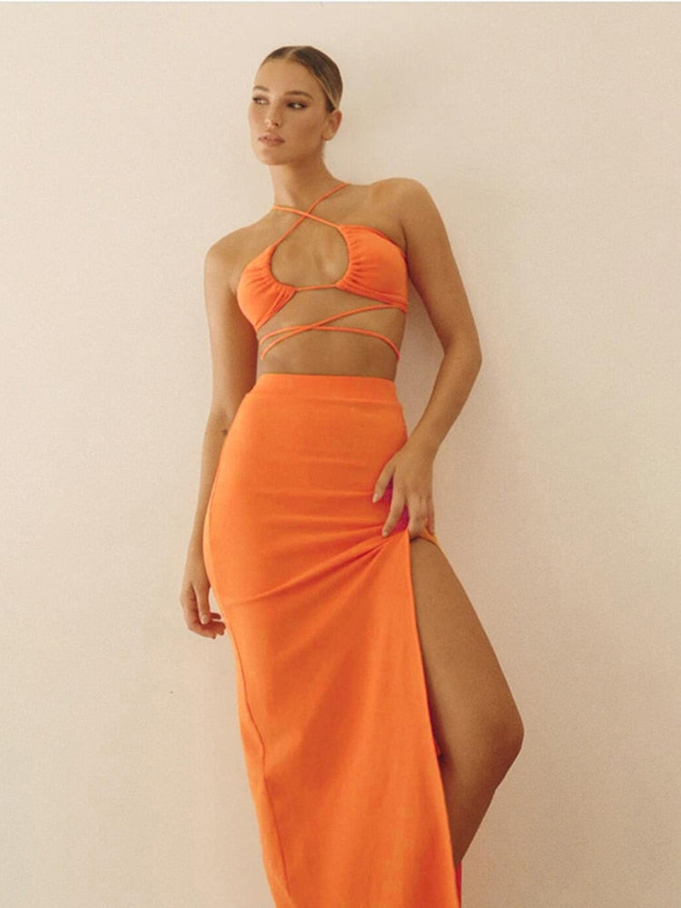 Cryptographic Bandage Cut Out Sexy Halter Neck Top and Skirts Set Gathered Elegant Club 2022 Summer Outfits Split Two Piece Set