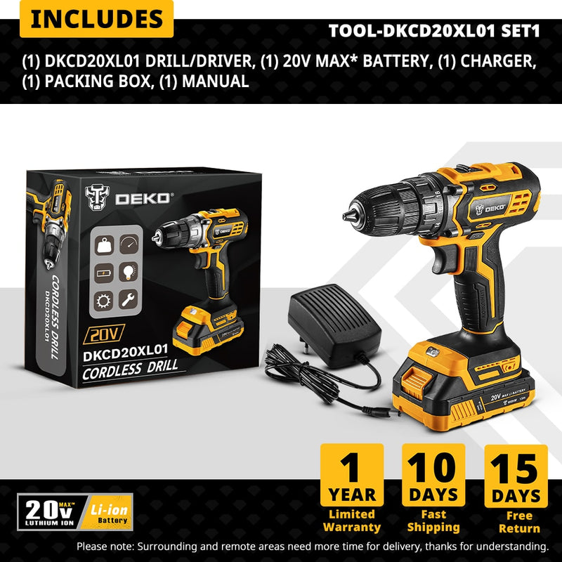 DEKO 20V MAX Cordless Drill Power Tools Wireless Drills Rechargeable Drill Set for Electric Screwdriver Battery Driller Tool