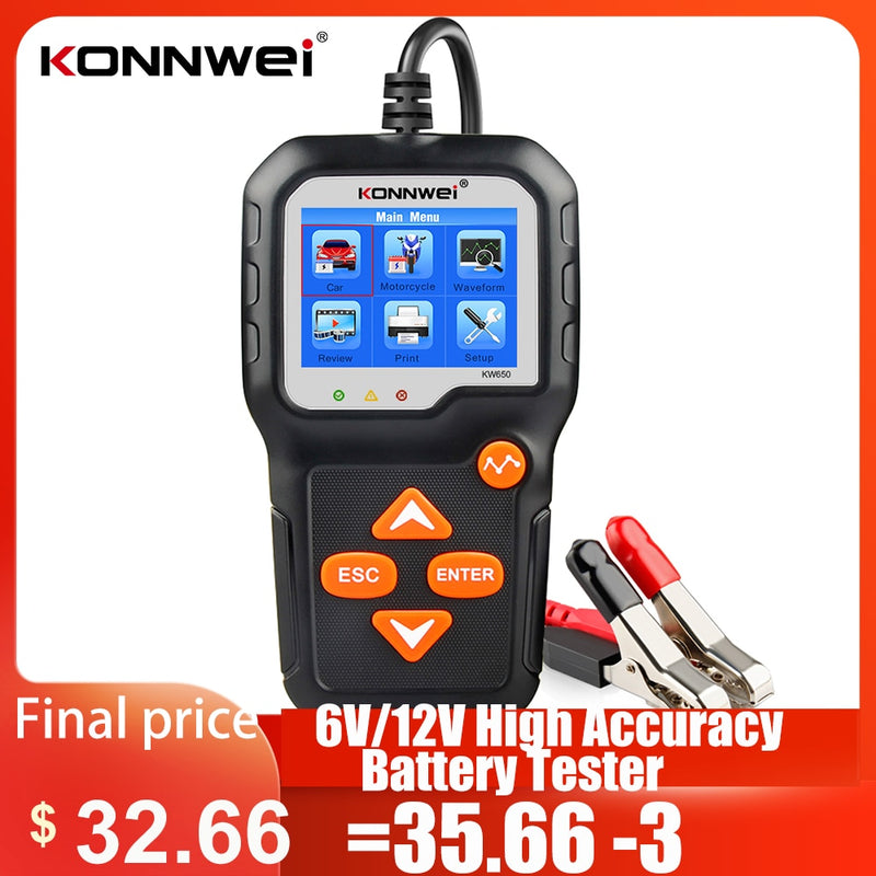 KONNWEI KW650 Car Motorcycle Battery Tester 12V 6V  Battery System Analyzer 2000CCA Charging Cranking Test Tools for the Car