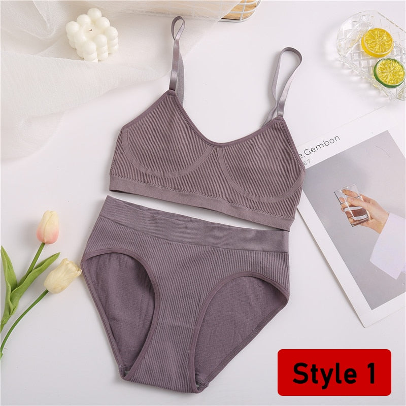 2PCS/Set Women Seamless Bra Panties Set Sexy Stretch Sport Bra Thong Briefs Style Panty Bralette Crop Top Intimates Lingerie Set