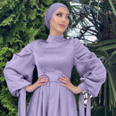 Muslim Fashion Women Islamic Satin Dress Hijab Arabic Pleated Abaya Dubai Balloon Sleeve with Ribbon Eid Mubarak Turkish Dresses