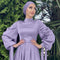 Muslim Fashion Women Islamic Satin Dress Hijab Arabic Pleated Abaya Dubai Balloon Sleeve with Ribbon Eid Mubarak Turkish Dresses