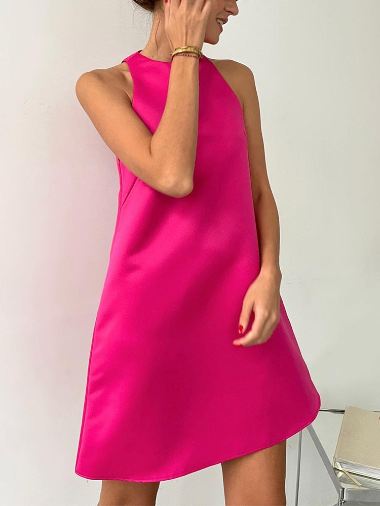 2022 Summer Women Stain Vest Dress Solid O-neck Sleeveless Party Club Mini Dress Large Swing Casual Loose Sundress Vestidos