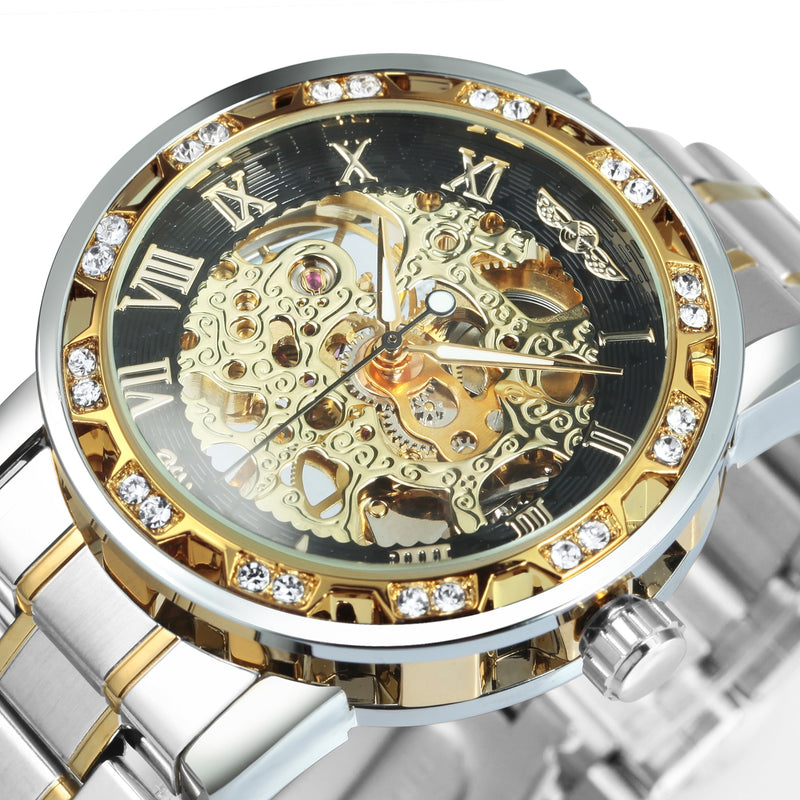 WINNER Transparent Skeleton Watch for Men Mechanical Wristwatches Diamond Watches Mens Luxury Stainless Steel Strap Unisex Clock