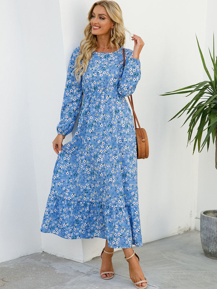 Women Elegant Floral Printed Long Dresses Spring Summer Casual O Neck Long Sleeve Ladies Chic High Waist A Line Beach Dresses