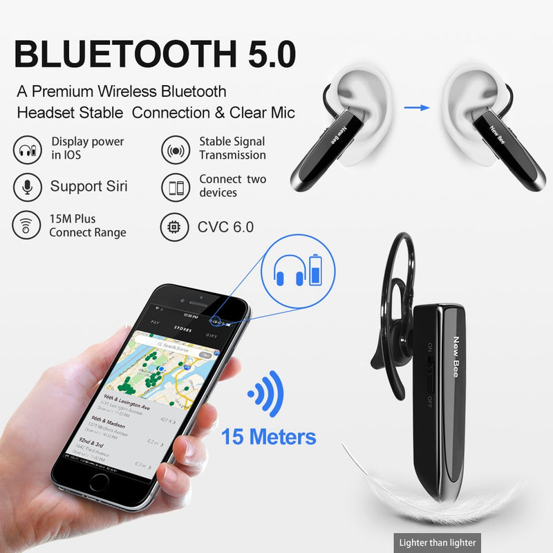 New Bee Bluetooth 5.0 Wireless Headphones Headset Earbuds Earphones with Mic 24Hrs Mini Handsfree Earpiece for iPhone xiaomi
