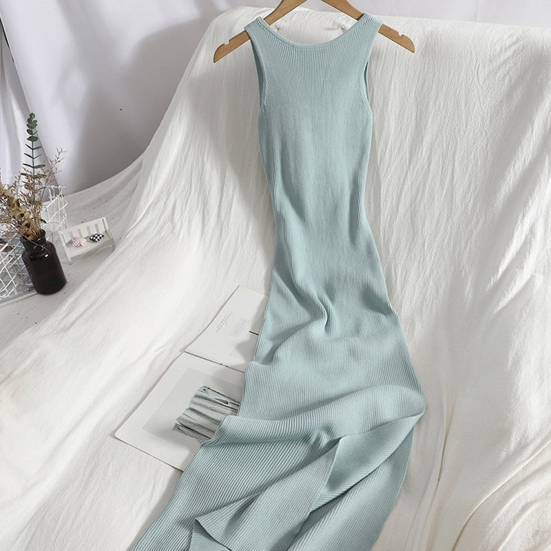 OCEANLOVE Korean Knitted Robe Femme Summer V Neck Sleeveless Kink Hollow Out Sexy Slim Bodycon Dress Split Fork Long Vestidos