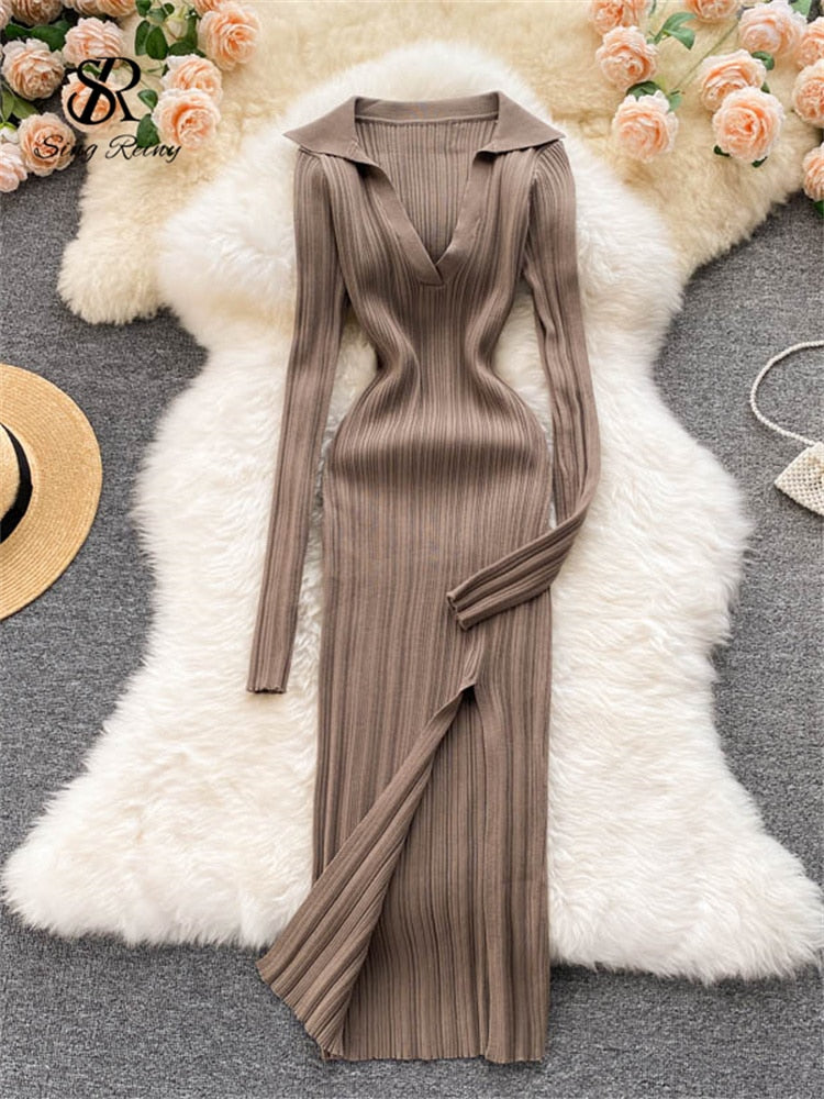 SINGREINY Women Korean Knitted Dress Long Sleeve V Neck Elastic Slim Pencil Dresses 2021 Autumn Sexy Bodycon Split Sweater Dress