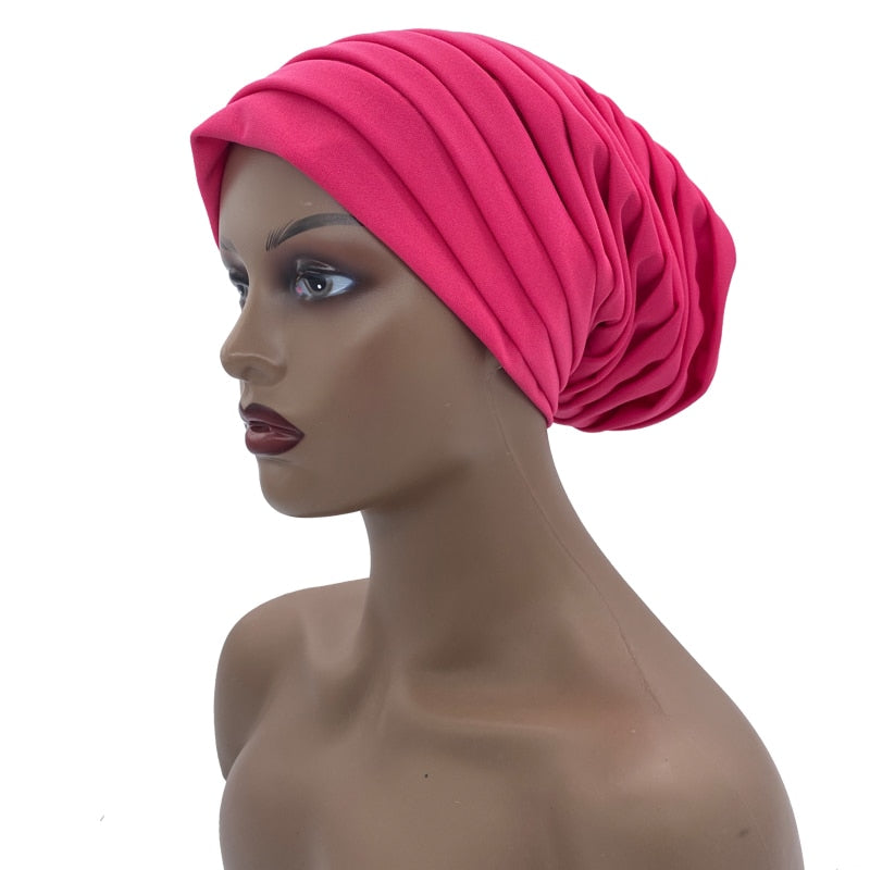 Candy Color Ladies Head Wraps Muslim Hijab Bonnets Fashion Headgear Trending Elastic Full Body Pleated Turban Cap for Women